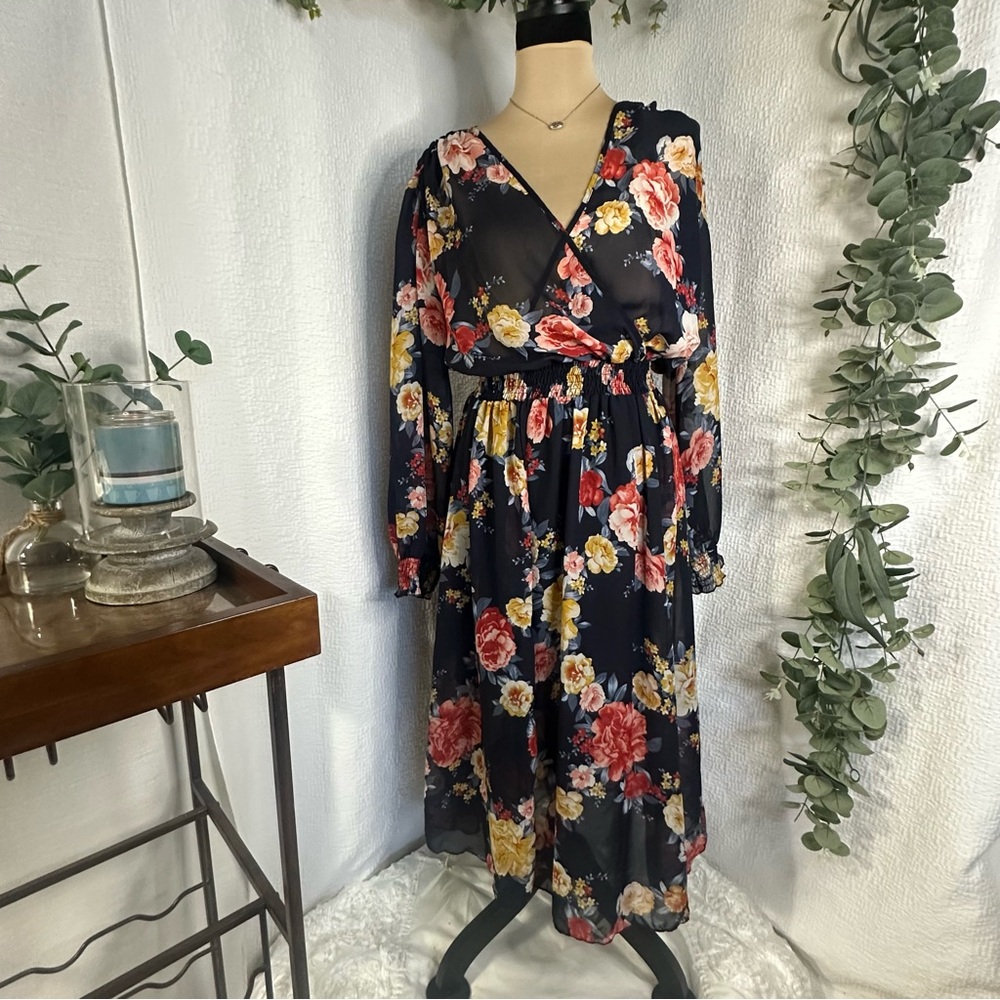 Stella & Julie Navy Floral Wrap Semi Sheer Top & Long Sleeve Dress Size 10